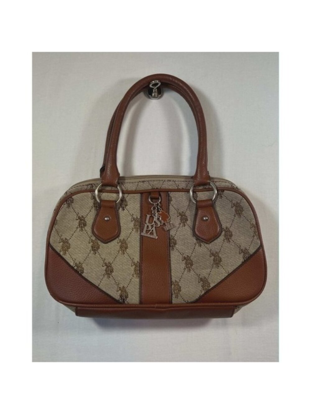 US Polo Assn Monogram Satchel Handbag Brown Canvas Faux Leather Horse Print Logo